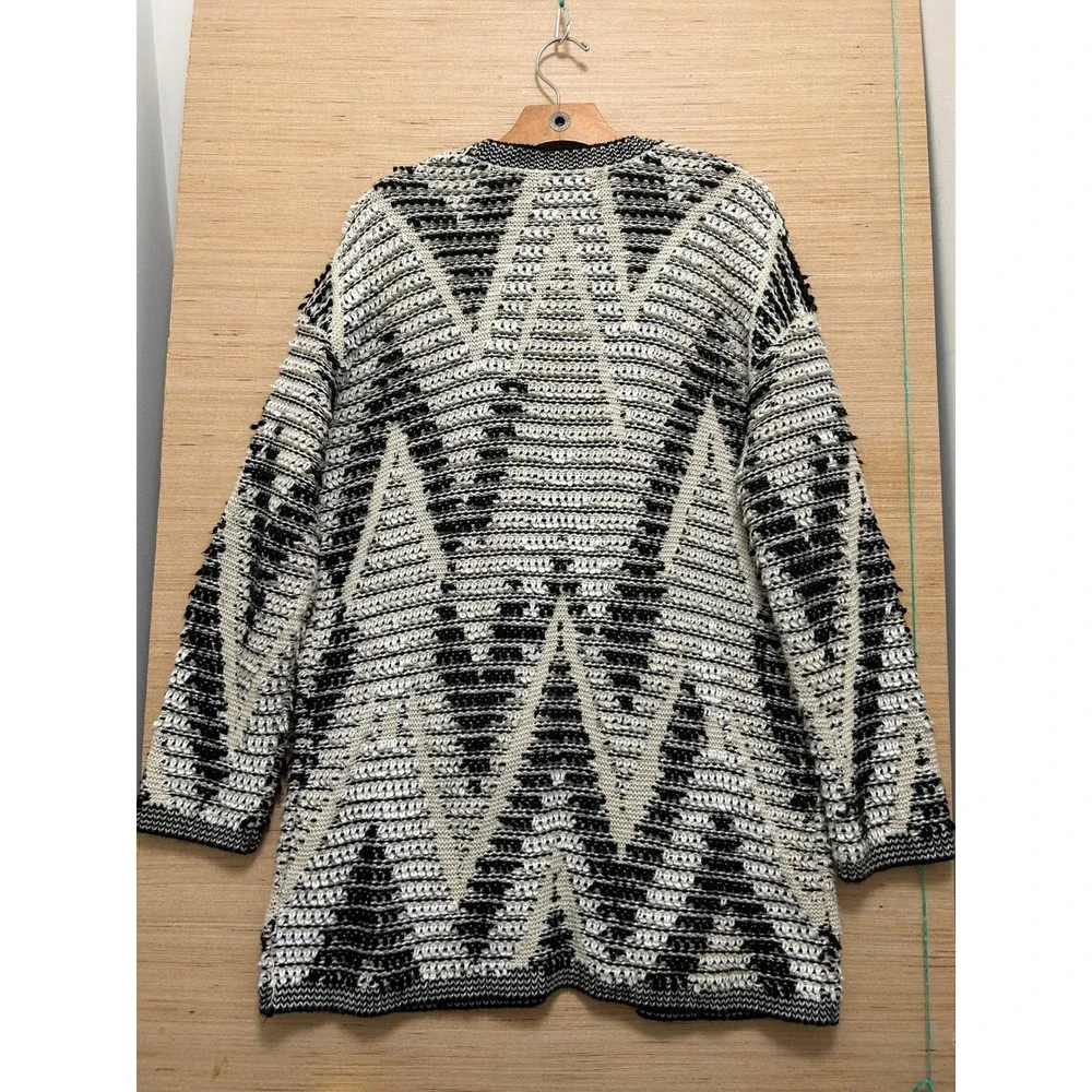 Lucky Brand Womens Large Black White Geometric‎ Chevron Knit Open Front Cardigan